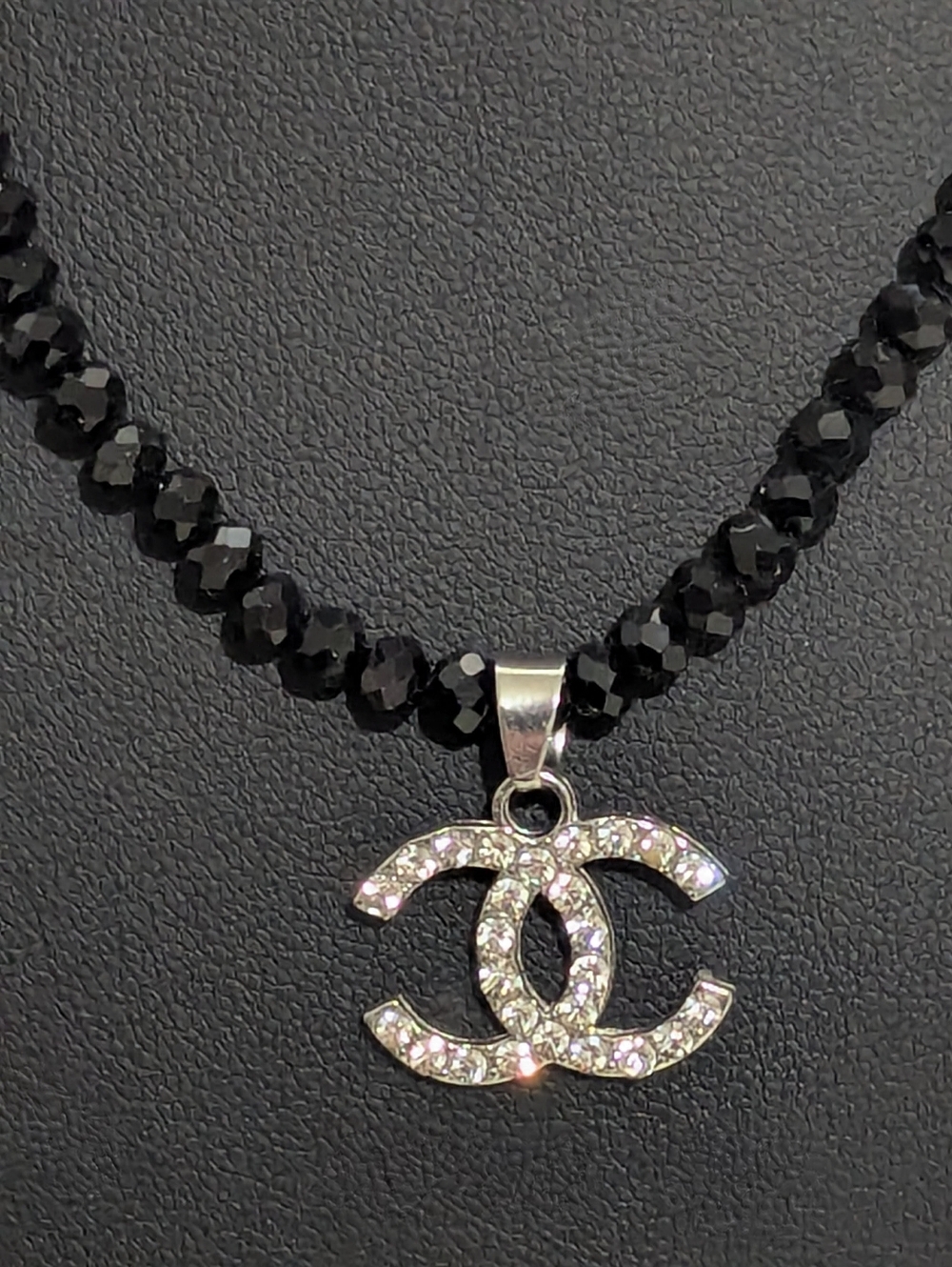 Black Beaded Necklace with Silver Crystal Pendant - Picture 3 of 5